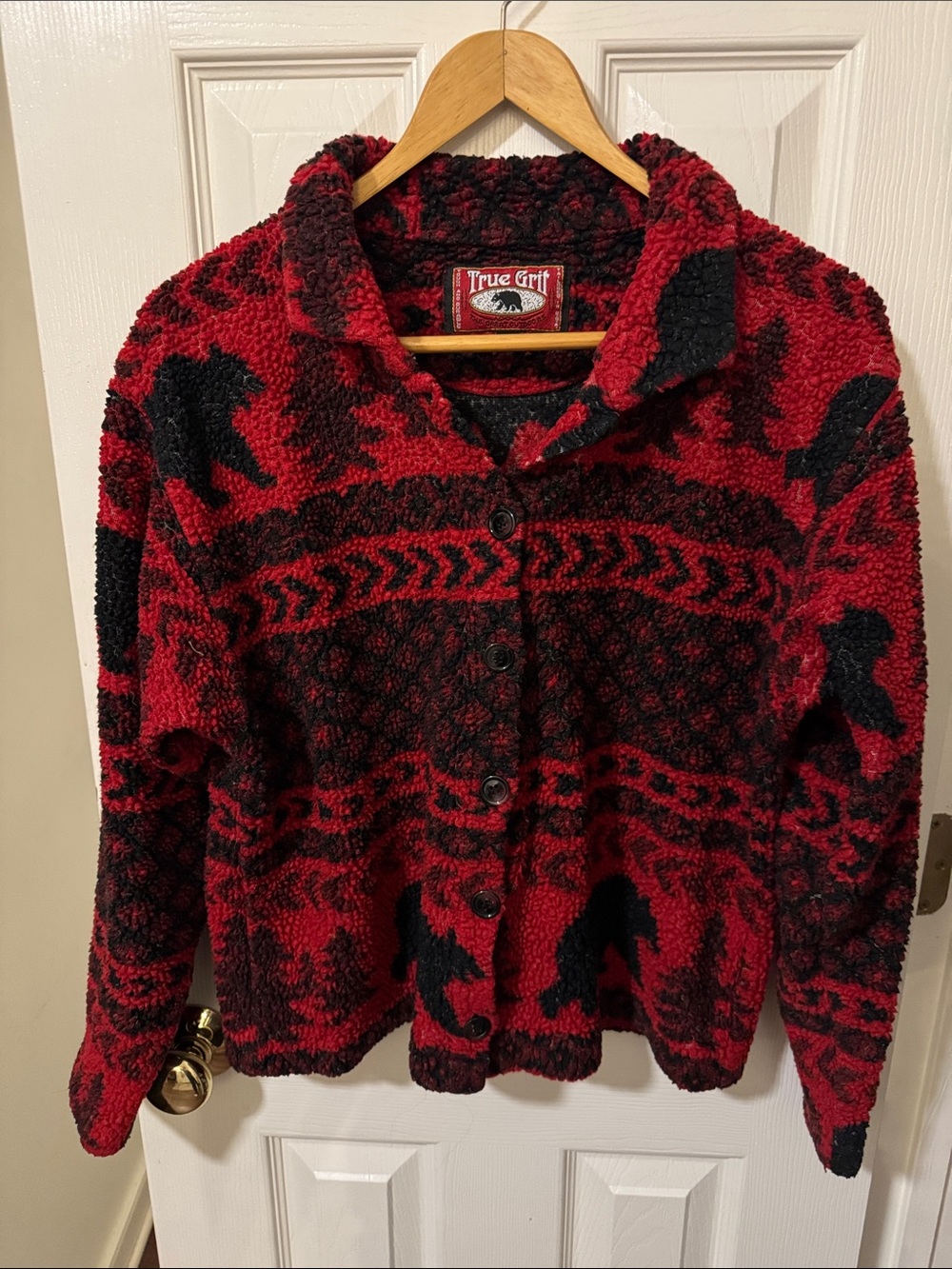 Vintage True Grit Red and Black Teddy Sherpa Button-Up Jacket